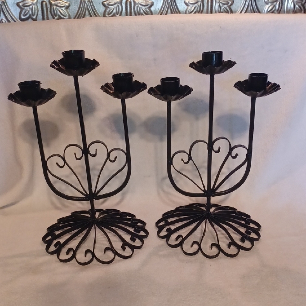 Vintage Black Metal Candle Holders Set Of 2